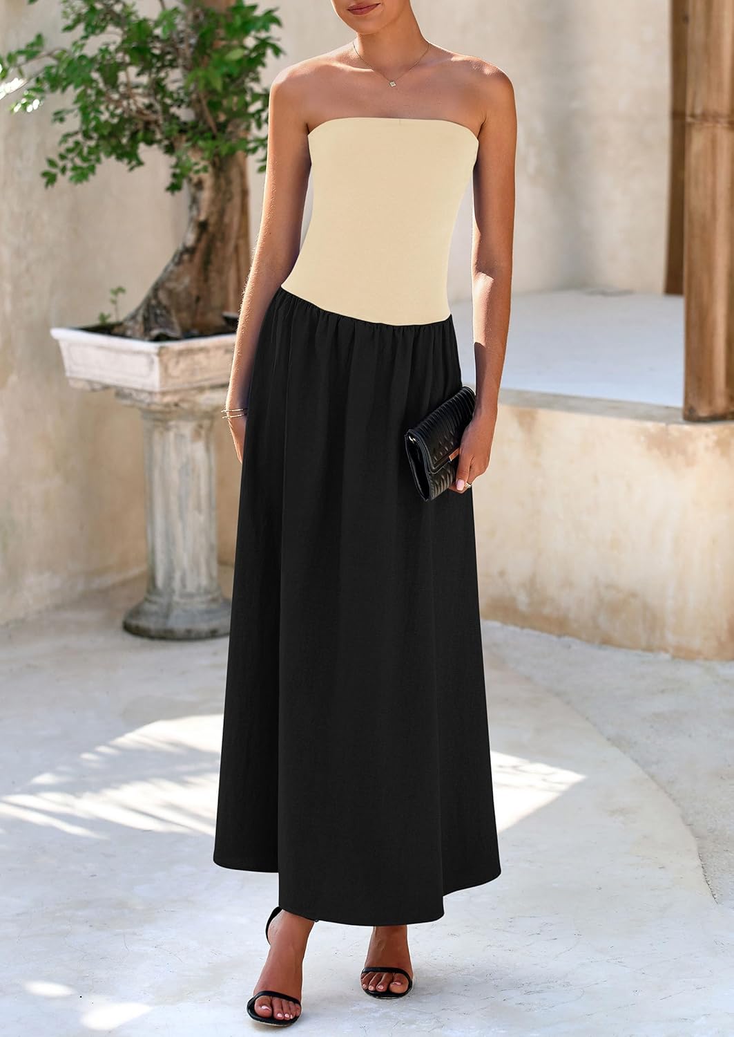 Women's 2025 Spring Strapless Maxi Dresses Patchwork Long Flowy Pockets Elegant Going Out Summer Tube Top Dress