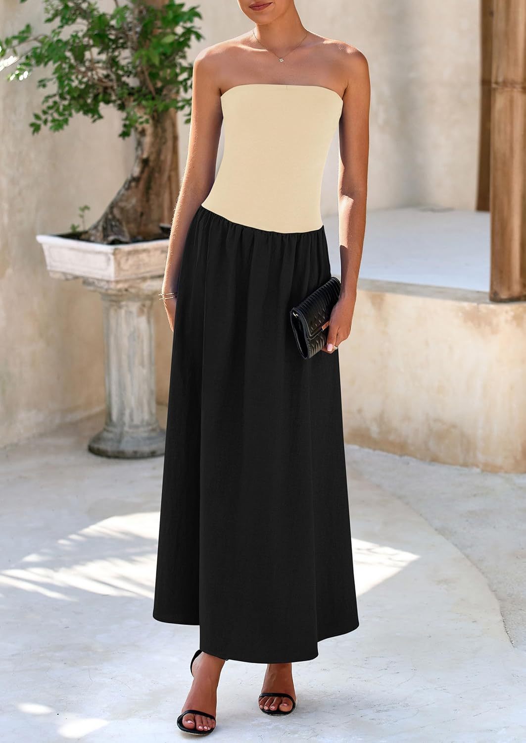 Women's 2025 Spring Strapless Maxi Dresses Patchwork Long Flowy Pockets Elegant Going Out Summer Tube Top Dress