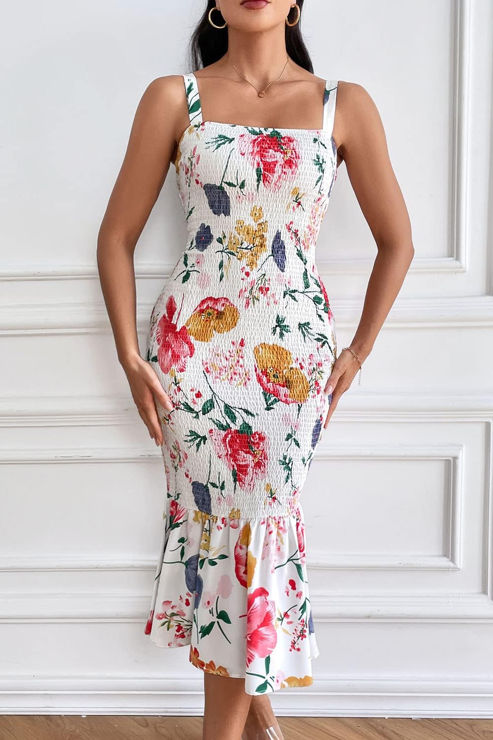 Women's Summer Floral Midi Tank Dress Sleeveless Strappy Ruffle Hem Smocked Bodycon Dresses