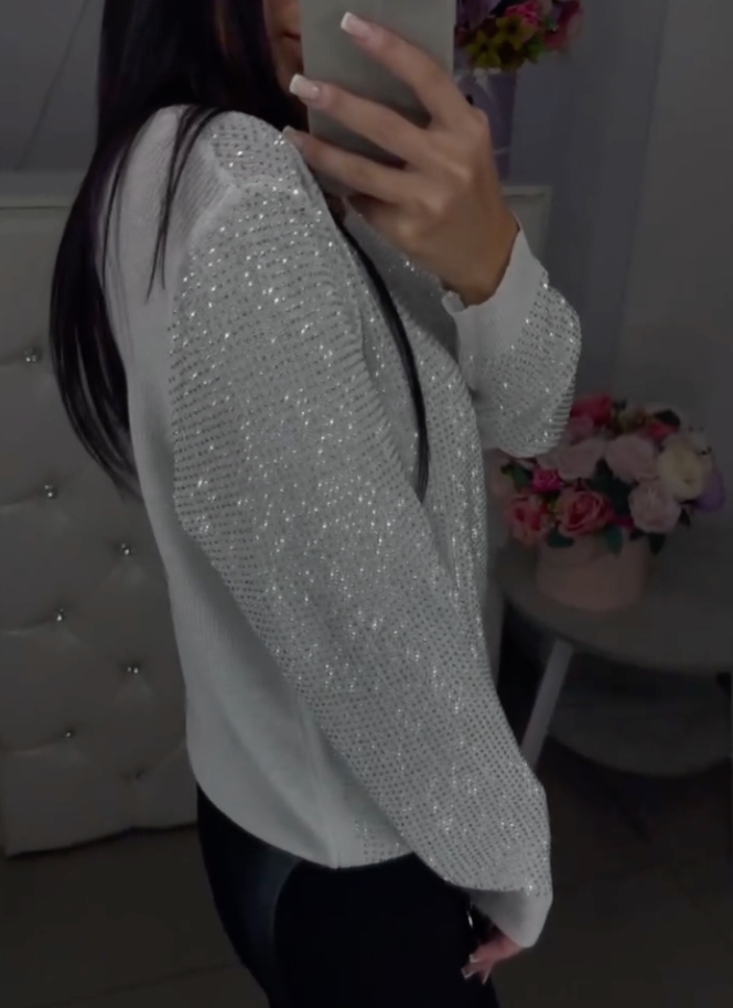 Women's V-neck Casual Top with Hotfix Rhinestones