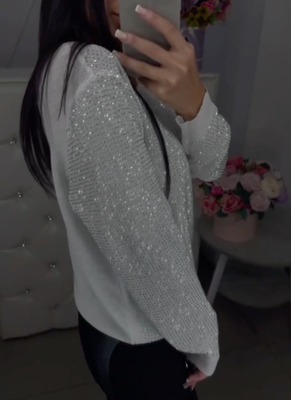 Women's V-neck Casual Top with Hotfix Rhinestones