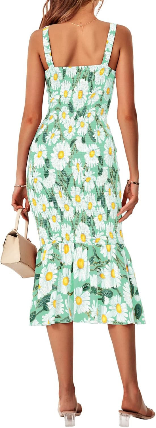 Women's Summer Floral Midi Tank Dress Sleeveless Strappy Ruffle Hem Smocked Bodycon Dresses