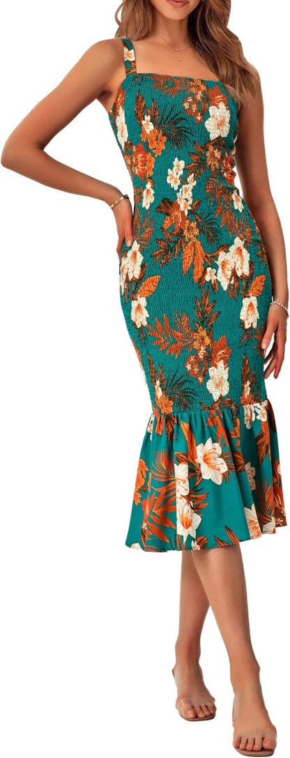 Women's Summer Floral Midi Tank Dress Sleeveless Strappy Ruffle Hem Smocked Bodycon Dresses