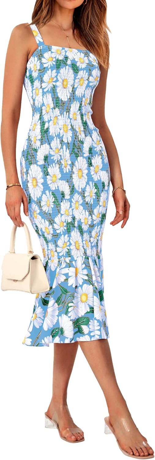 Women's Summer Floral Midi Tank Dress Sleeveless Strappy Ruffle Hem Smocked Bodycon Dresses