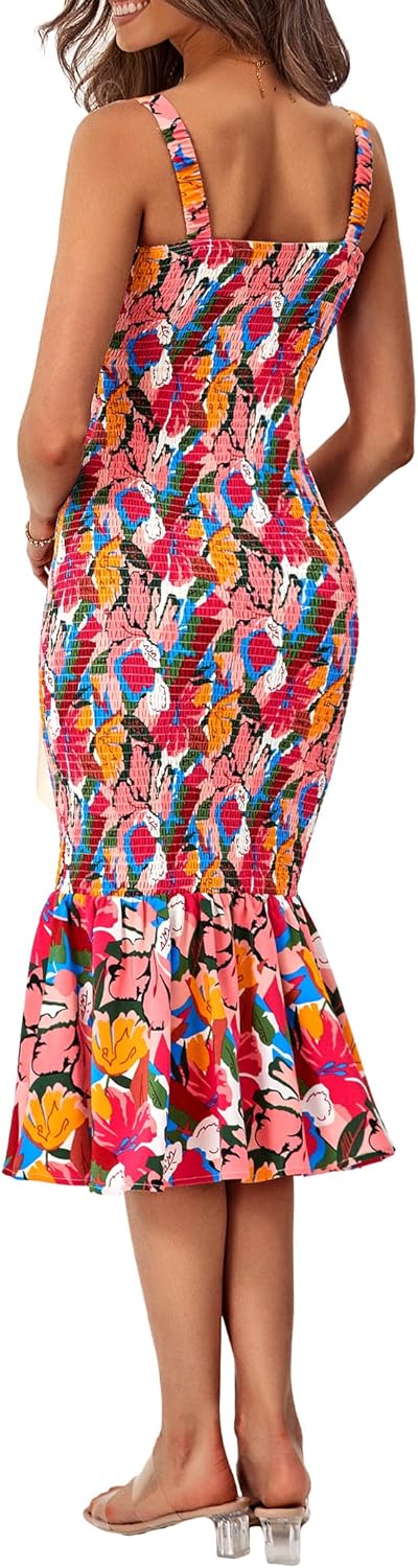 Women's Summer Floral Midi Tank Dress Sleeveless Strappy Ruffle Hem Smocked Bodycon Dresses