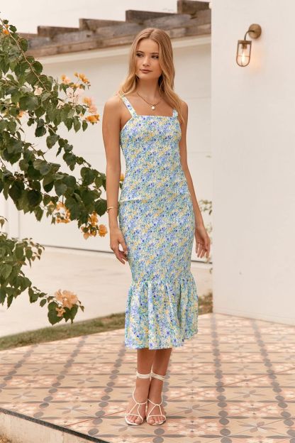 Women's Summer Floral Midi Tank Dress Sleeveless Strappy Ruffle Hem Smocked Bodycon Dresses