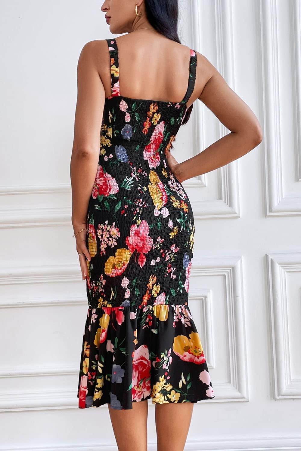 Women's Summer Floral Midi Tank Dress Sleeveless Strappy Ruffle Hem Smocked Bodycon Dresses