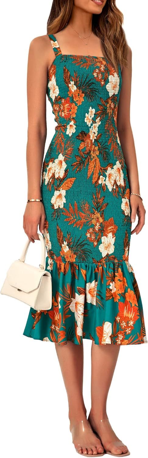 Women's Summer Floral Midi Tank Dress Sleeveless Strappy Ruffle Hem Smocked Bodycon Dresses