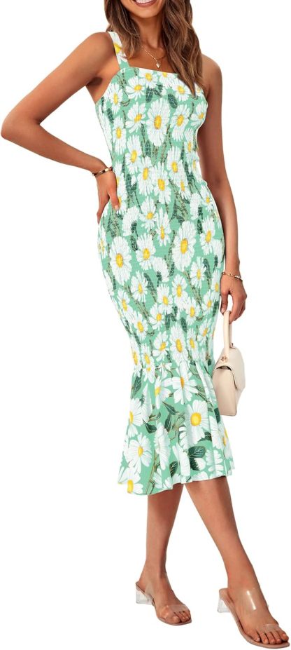 Women's Summer Floral Midi Tank Dress Sleeveless Strappy Ruffle Hem Smocked Bodycon Dresses