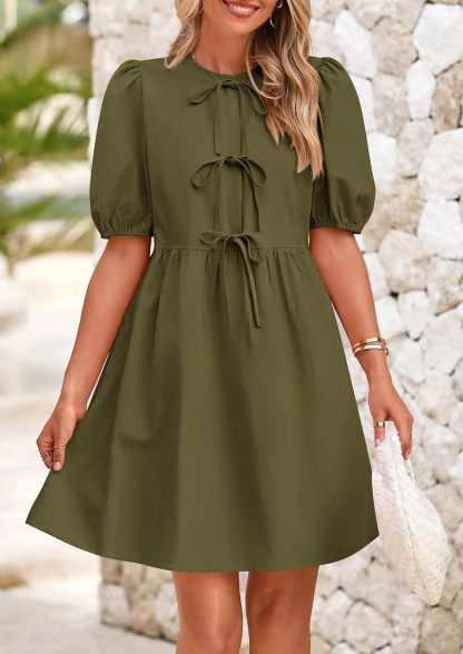 Womens 2025 Summer Casual Short Sleeve Dresses A Line Bow Tie Front Babydoll Loose Cute Mini Dress with Pockets
