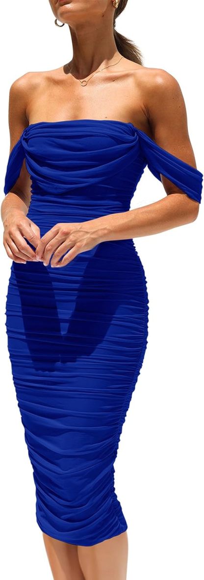 PRETTYGARDEN Wedding Guest Dress 2025 Summer Off Shoulder Ruched Elegant Sexy Bodycon Homecoming Cocktail Party Midi Dress