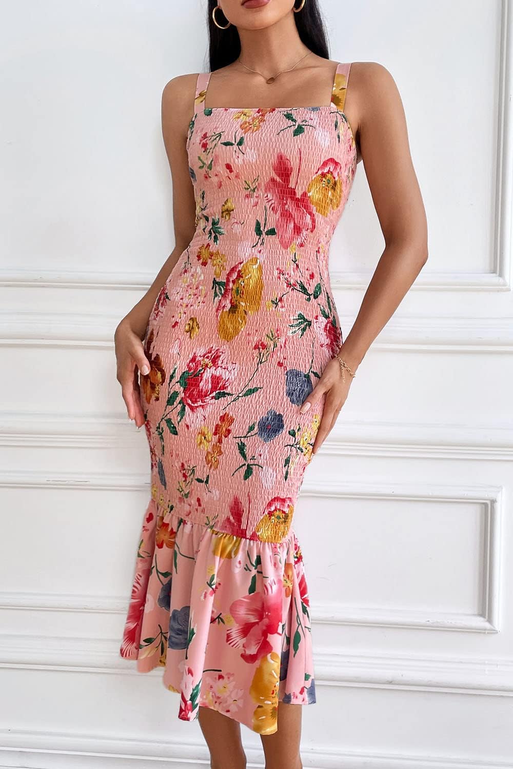 Women's Summer Floral Midi Tank Dress Sleeveless Strappy Ruffle Hem Smocked Bodycon Dresses