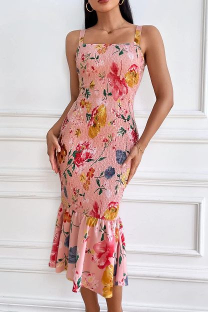 Women's Summer Floral Midi Tank Dress Sleeveless Strappy Ruffle Hem Smocked Bodycon Dresses