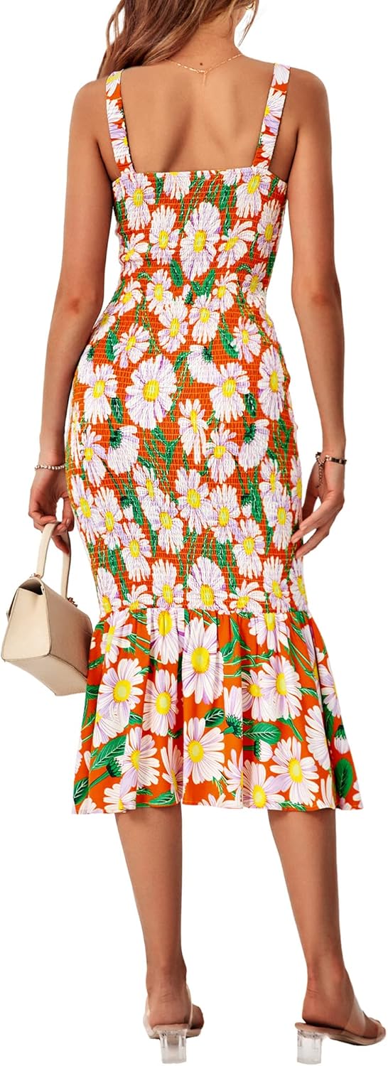 Women's Summer Floral Midi Tank Dress Sleeveless Strappy Ruffle Hem Smocked Bodycon Dresses