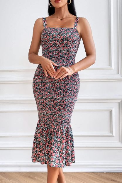 Women's Summer Floral Midi Tank Dress Sleeveless Strappy Ruffle Hem Smocked Bodycon Dresses