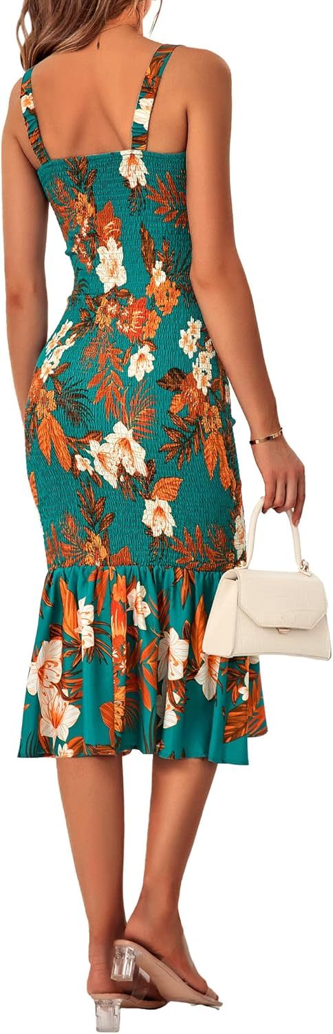 Women's Summer Floral Midi Tank Dress Sleeveless Strappy Ruffle Hem Smocked Bodycon Dresses