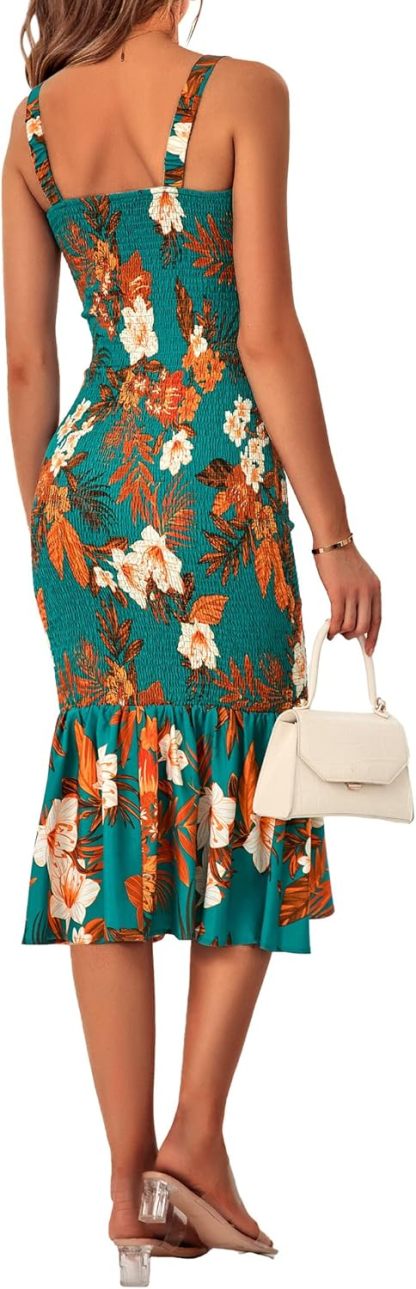 Women's Summer Floral Midi Tank Dress Sleeveless Strappy Ruffle Hem Smocked Bodycon Dresses