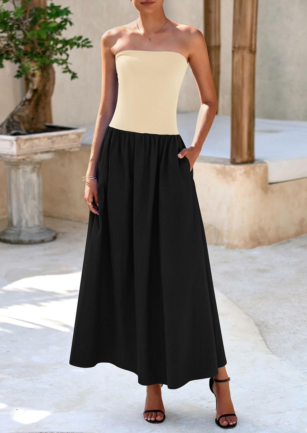 Women's 2025 Spring Strapless Maxi Dresses Patchwork Long Flowy Pockets Elegant Going Out Summer Tube Top Dress