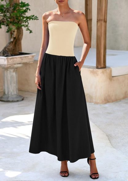 Women's 2025 Spring Strapless Maxi Dresses Patchwork Long Flowy Pockets Elegant Going Out Summer Tube Top Dress