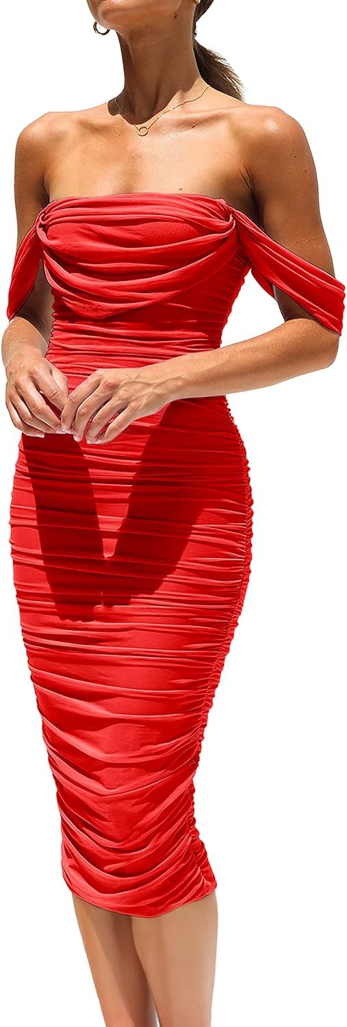 PRETTYGARDEN Wedding Guest Dress 2025 Summer Off Shoulder Ruched Elegant Sexy Bodycon Homecoming Cocktail Party Midi Dress