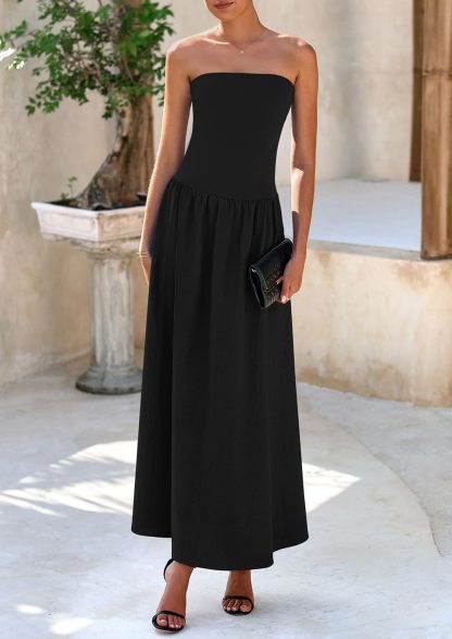 Women's 2025 Spring Strapless Maxi Dresses Patchwork Long Flowy Pockets Elegant Going Out Summer Tube Top Dress