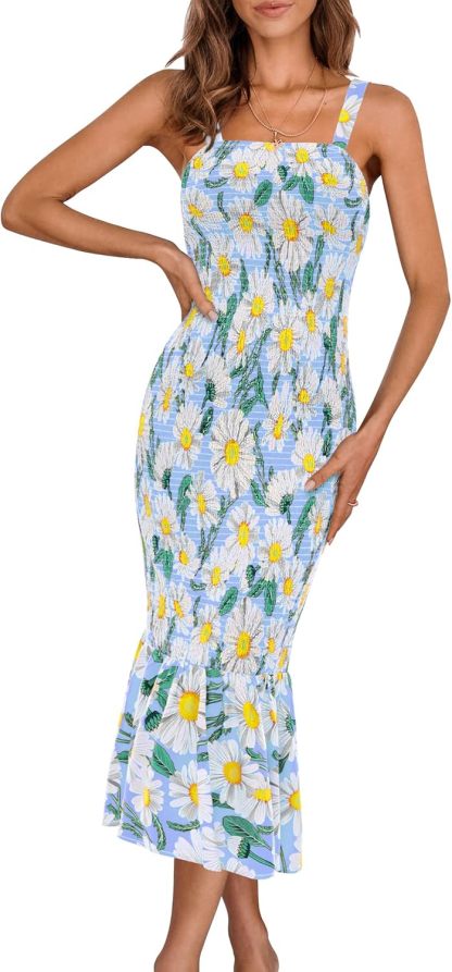 Women's Summer Floral Midi Tank Dress Sleeveless Strappy Ruffle Hem Smocked Bodycon Dresses