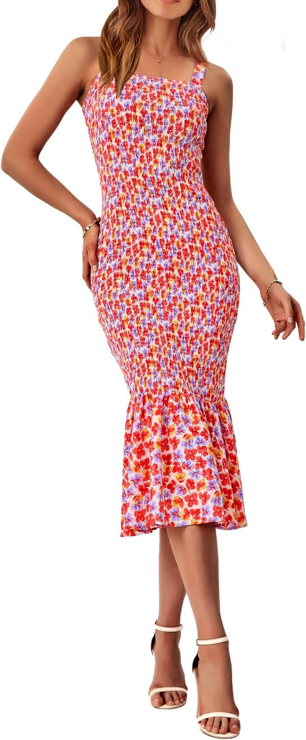 Women's Summer Floral Midi Tank Dress Sleeveless Strappy Ruffle Hem Smocked Bodycon Dresses