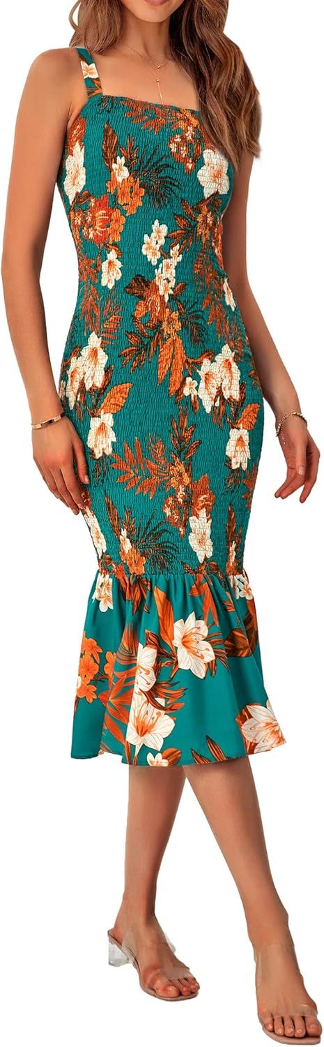 Women's Summer Floral Midi Tank Dress Sleeveless Strappy Ruffle Hem Smocked Bodycon Dresses