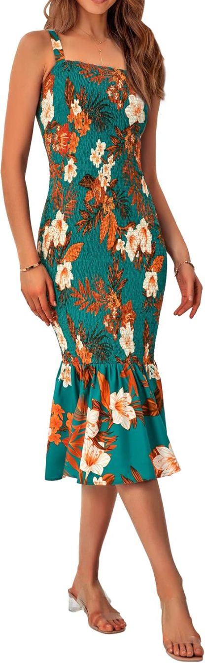 Women's Summer Floral Midi Tank Dress Sleeveless Strappy Ruffle Hem Smocked Bodycon Dresses