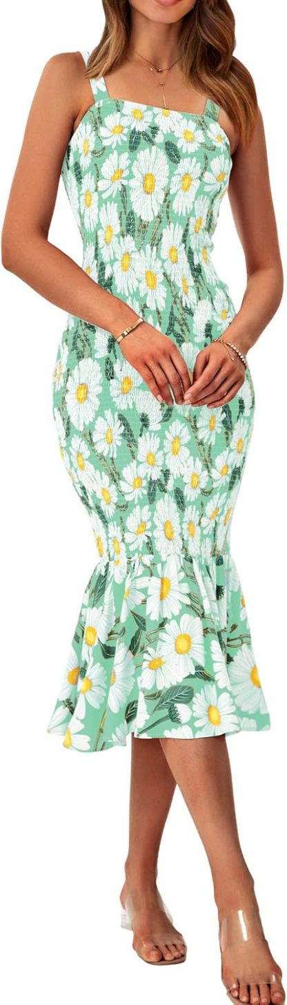 Women's Summer Floral Midi Tank Dress Sleeveless Strappy Ruffle Hem Smocked Bodycon Dresses