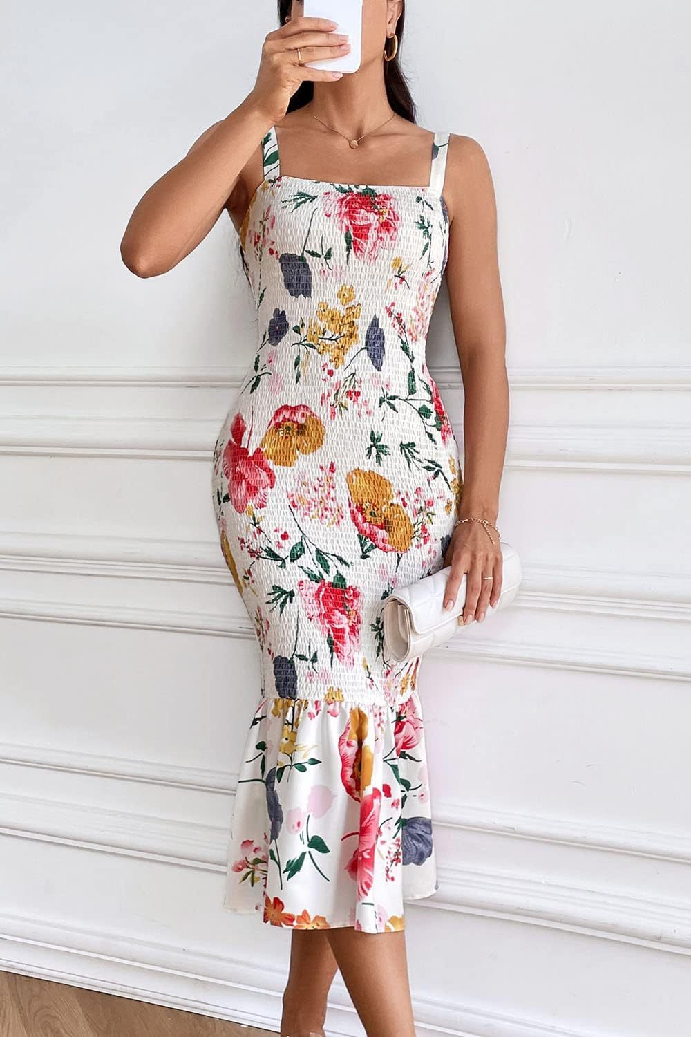 Women's Summer Floral Midi Tank Dress Sleeveless Strappy Ruffle Hem Smocked Bodycon Dresses
