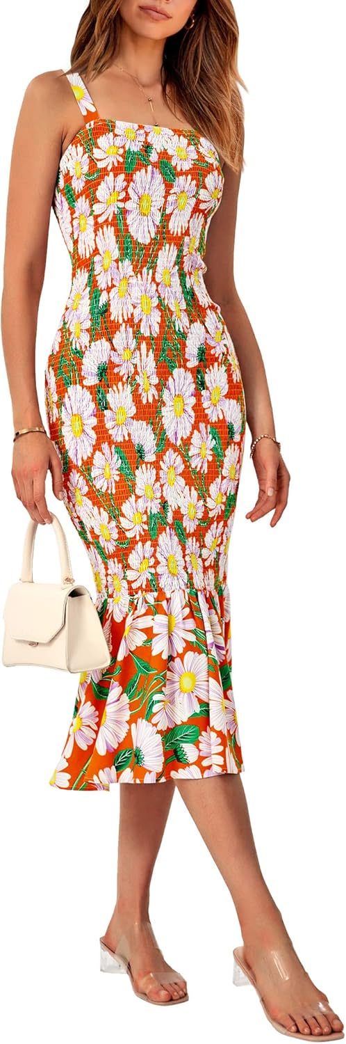 Women's Summer Floral Midi Tank Dress Sleeveless Strappy Ruffle Hem Smocked Bodycon Dresses