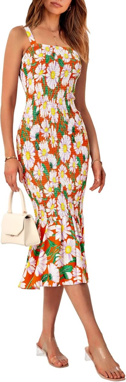 Women's Summer Floral Midi Tank Dress Sleeveless Strappy Ruffle Hem Smocked Bodycon Dresses