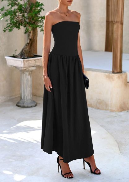 Women's 2025 Spring Strapless Maxi Dresses Patchwork Long Flowy Pockets Elegant Going Out Summer Tube Top Dress