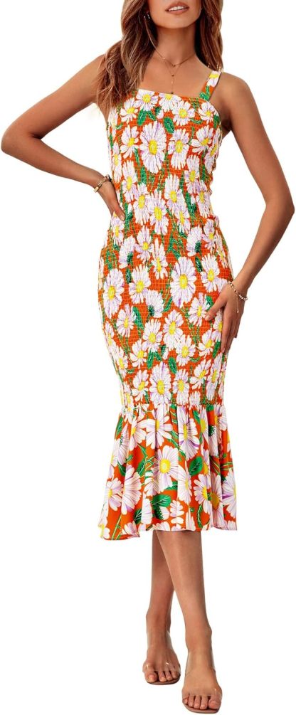 Women's Summer Floral Midi Tank Dress Sleeveless Strappy Ruffle Hem Smocked Bodycon Dresses