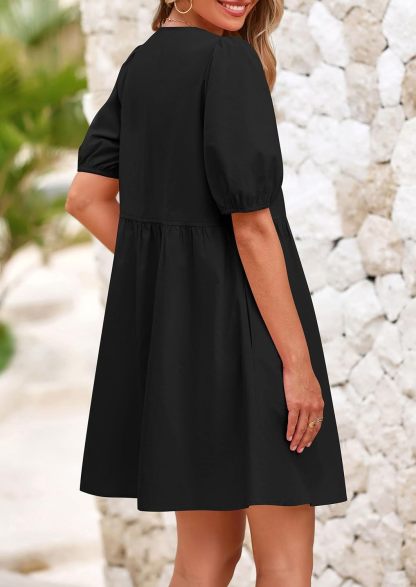 Womens 2025 Summer Casual Short Sleeve Dresses A Line Bow Tie Front Babydoll Loose Cute Mini Dress with Pockets