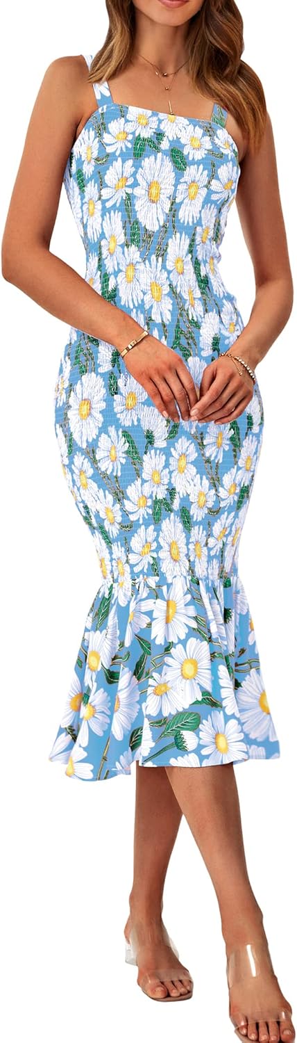 Women's Summer Floral Midi Tank Dress Sleeveless Strappy Ruffle Hem Smocked Bodycon Dresses