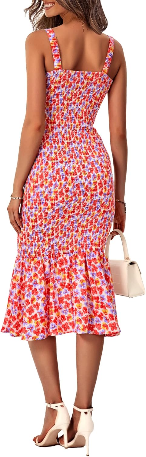 Women's Summer Floral Midi Tank Dress Sleeveless Strappy Ruffle Hem Smocked Bodycon Dresses