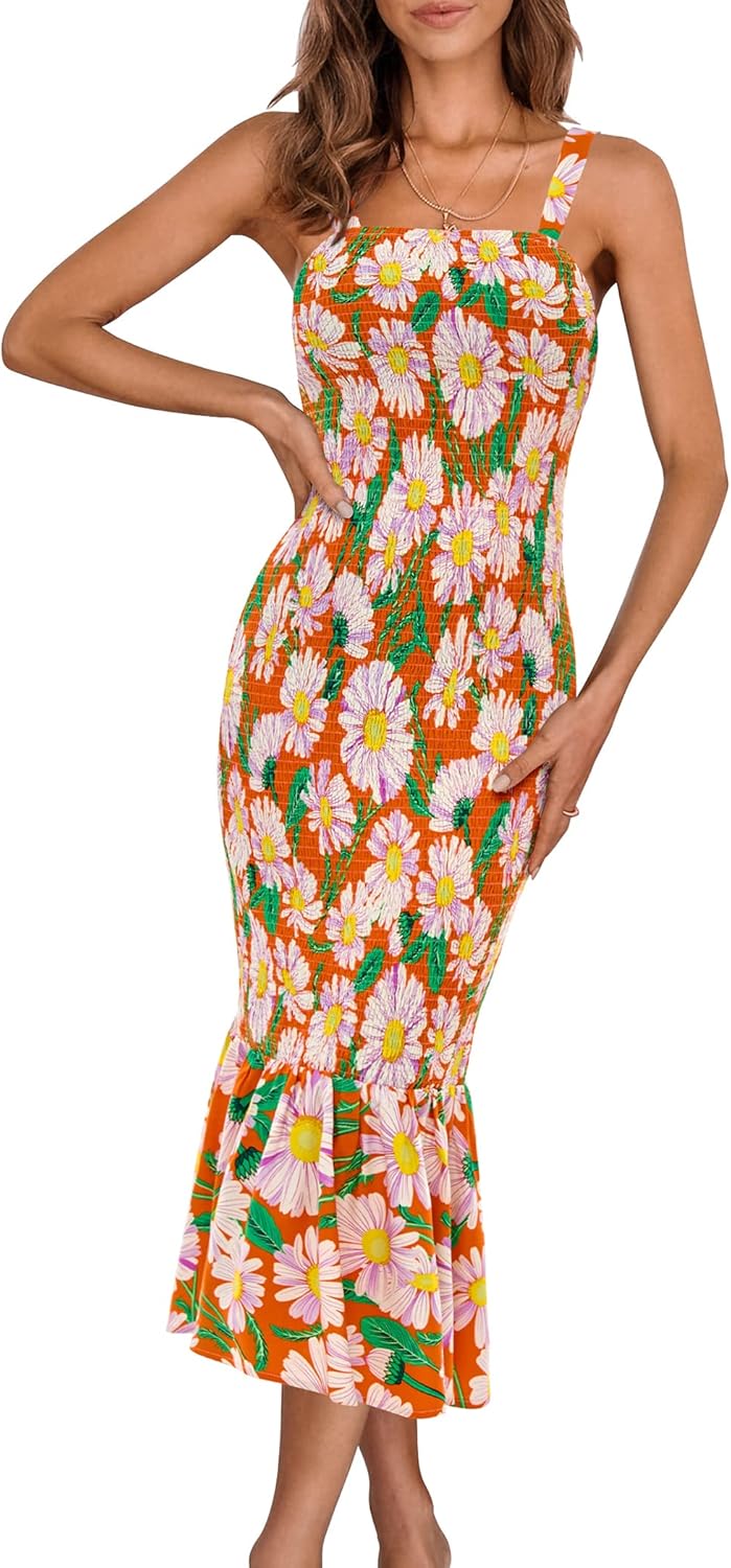 Women's Summer Floral Midi Tank Dress Sleeveless Strappy Ruffle Hem Smocked Bodycon Dresses