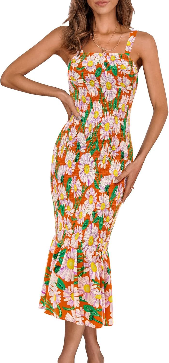 Women's Summer Floral Midi Tank Dress Sleeveless Strappy Ruffle Hem Smocked Bodycon Dresses