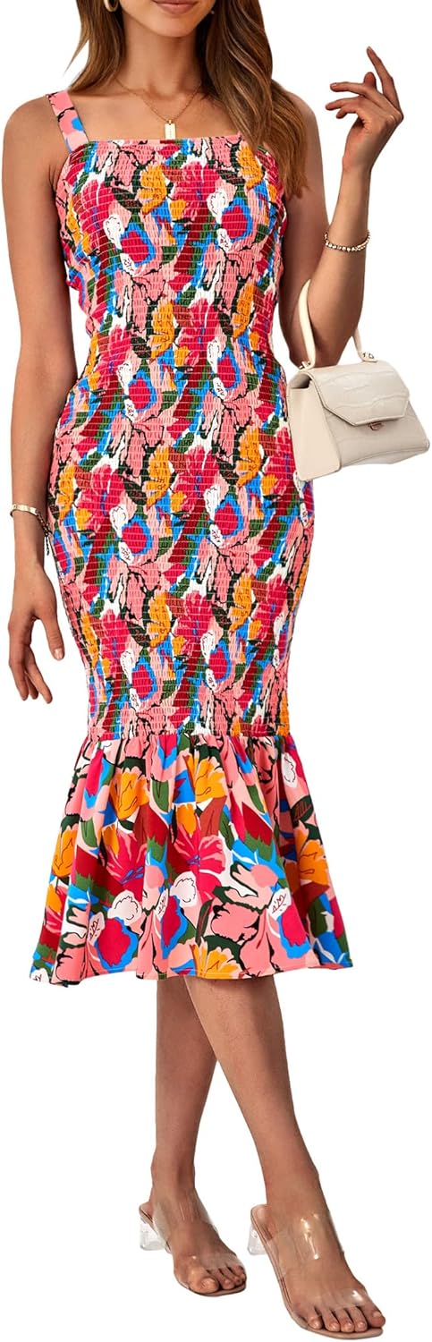 Women's Summer Floral Midi Tank Dress Sleeveless Strappy Ruffle Hem Smocked Bodycon Dresses