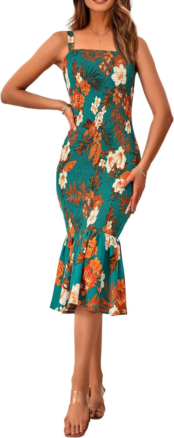 Women's Summer Floral Midi Tank Dress Sleeveless Strappy Ruffle Hem Smocked Bodycon Dresses