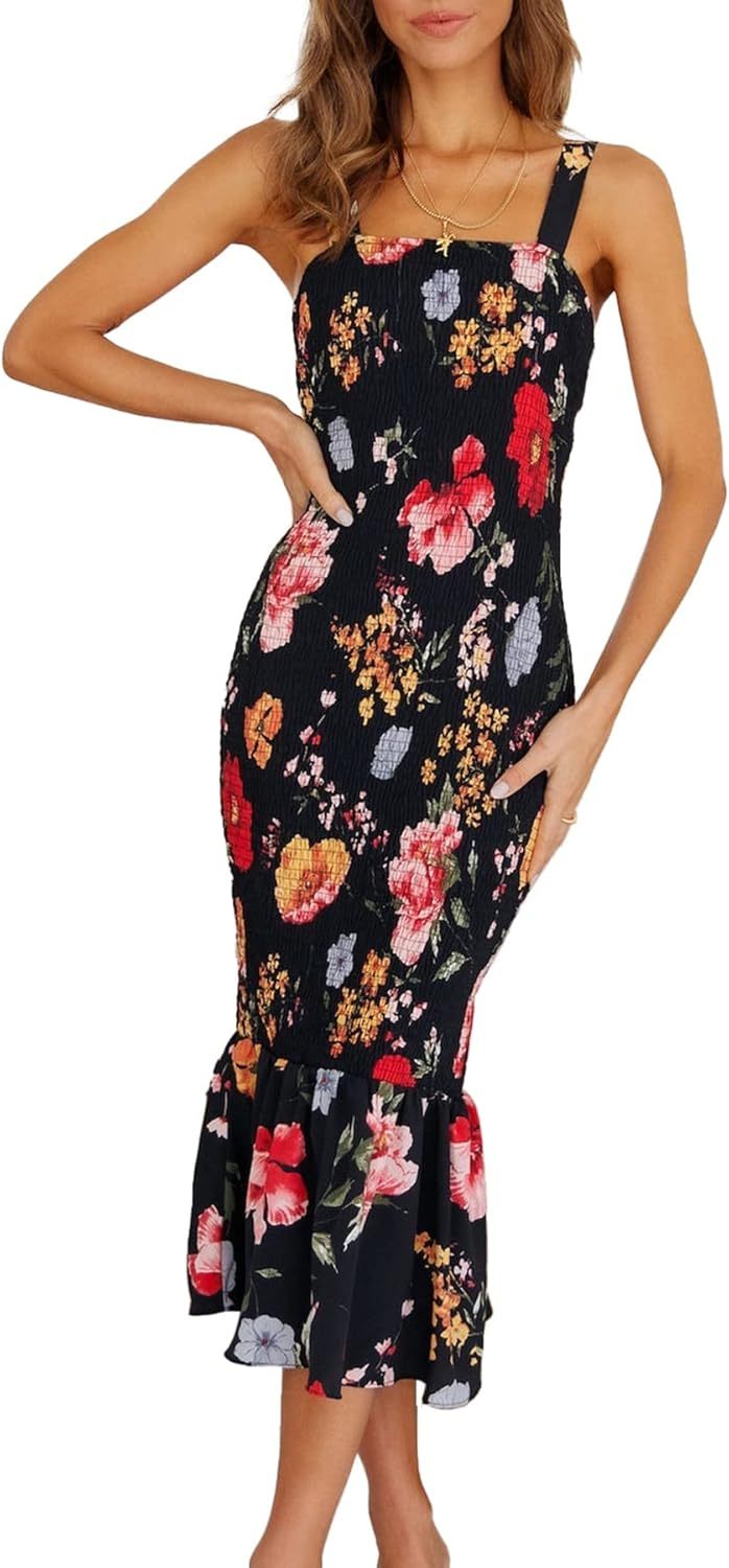 Women's Summer Floral Midi Tank Dress Sleeveless Strappy Ruffle Hem Smocked Bodycon Dresses