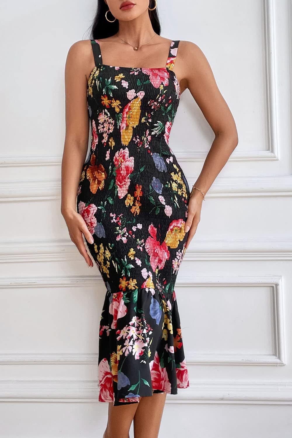 Women's Summer Floral Midi Tank Dress Sleeveless Strappy Ruffle Hem Smocked Bodycon Dresses