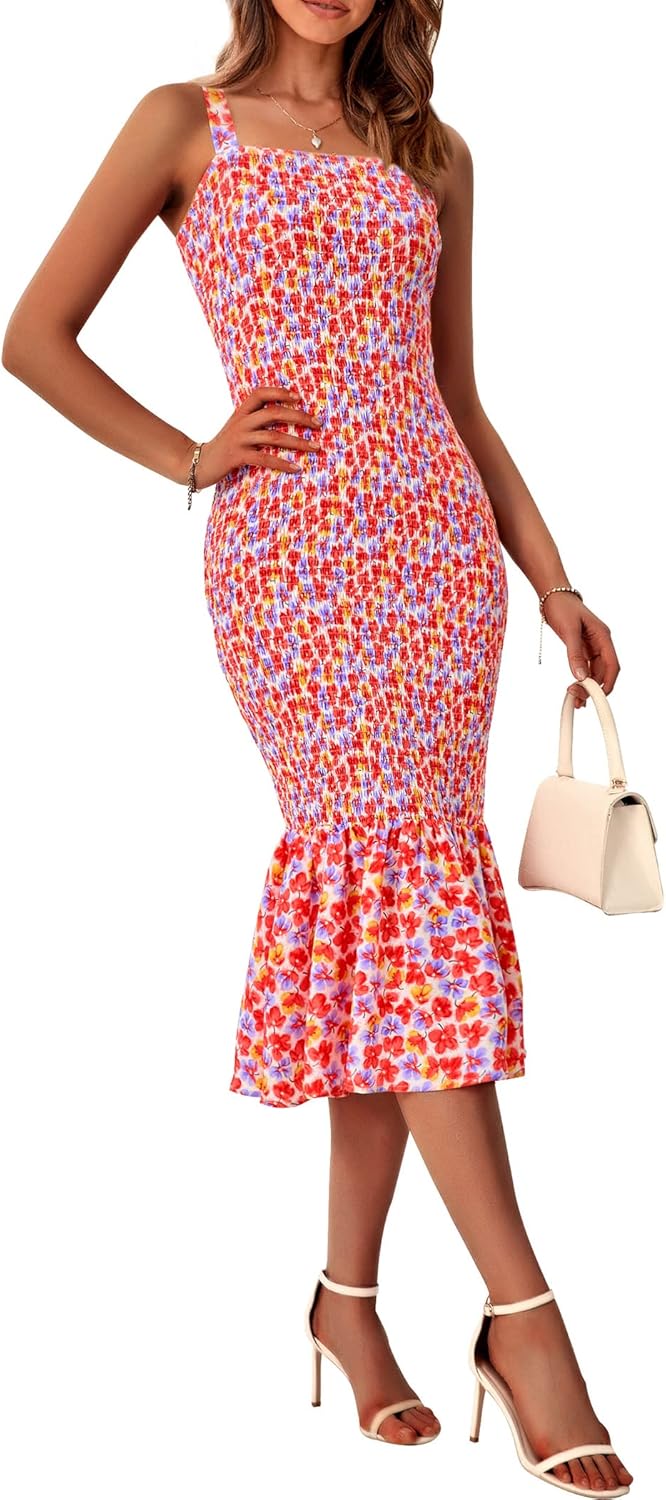 Women's Summer Floral Midi Tank Dress Sleeveless Strappy Ruffle Hem Smocked Bodycon Dresses