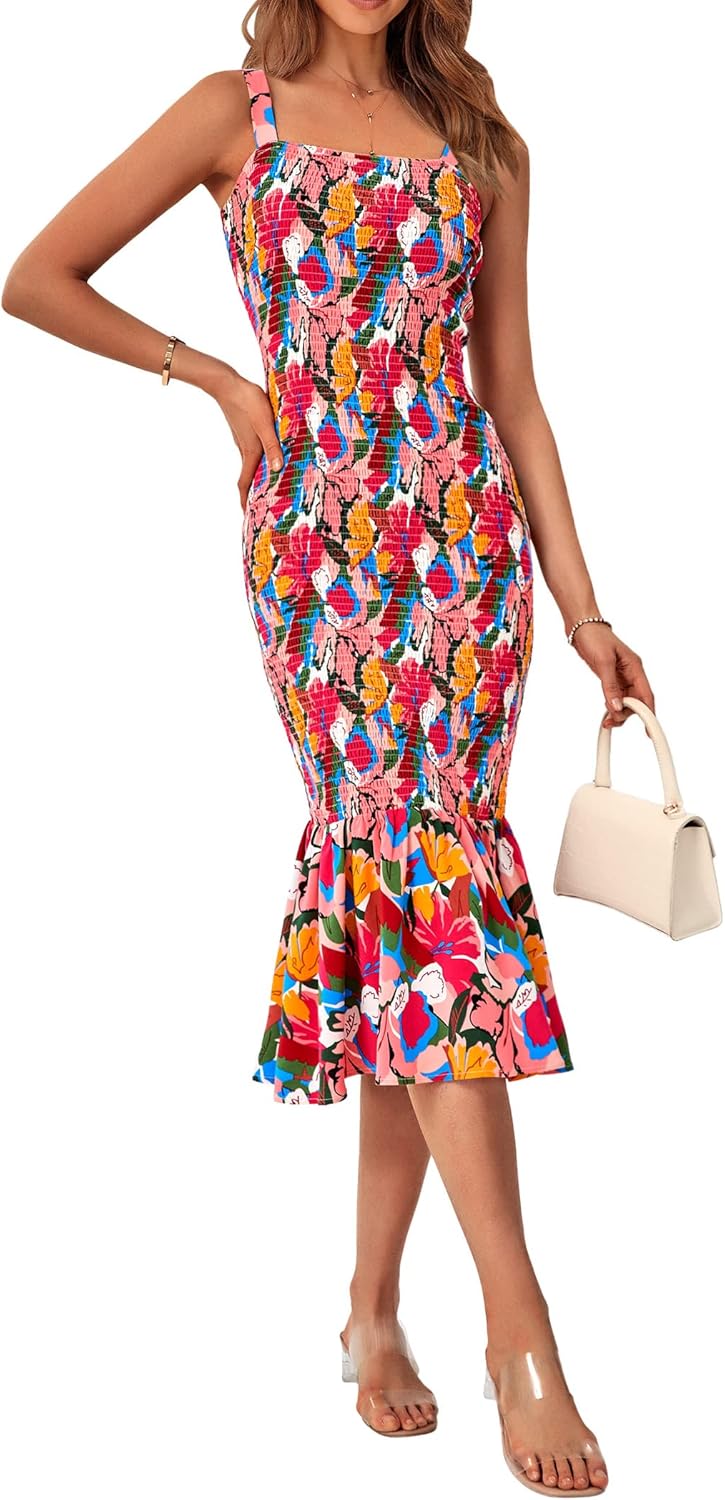 Women's Summer Floral Midi Tank Dress Sleeveless Strappy Ruffle Hem Smocked Bodycon Dresses