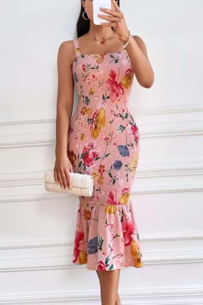 Women's Summer Floral Midi Tank Dress Sleeveless Strappy Ruffle Hem Smocked Bodycon Dresses