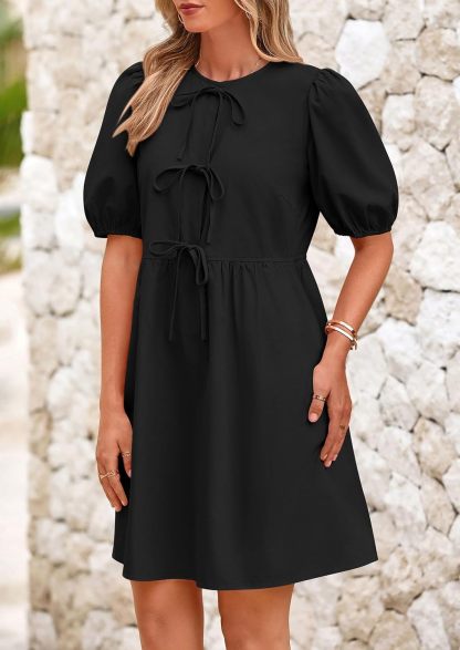 Womens 2025 Summer Casual Short Sleeve Dresses A Line Bow Tie Front Babydoll Loose Cute Mini Dress with Pockets