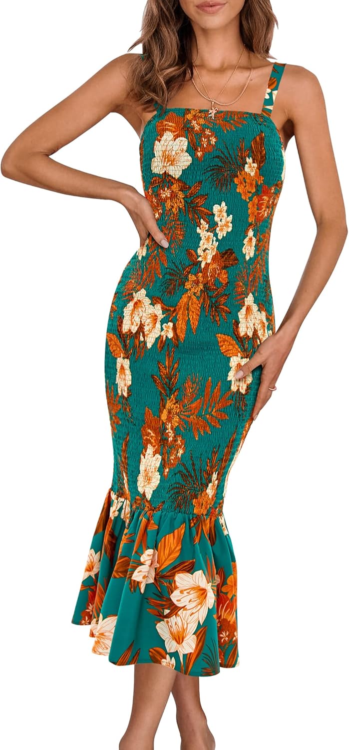 Women's Summer Floral Midi Tank Dress Sleeveless Strappy Ruffle Hem Smocked Bodycon Dresses