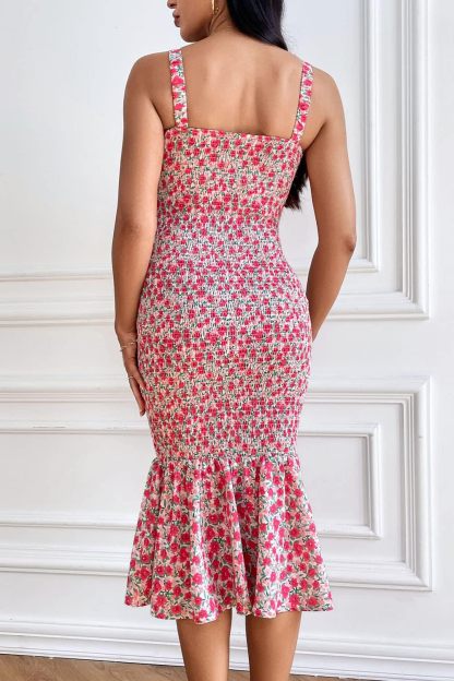 Women's Summer Floral Midi Tank Dress Sleeveless Strappy Ruffle Hem Smocked Bodycon Dresses